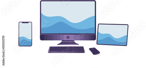 A digital workstation featuring a desktop computer, tablet, smartphone, keyboard, and mouse on white surface