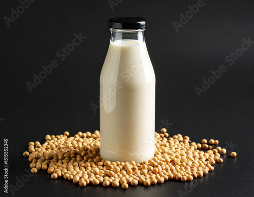 a bottle of soy milk surrounded by soybean seeds. isolated on a black background. photo