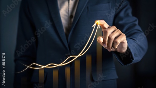 A businessperson in a suit draws a glowing upward arrow over a bar graph, symbolizing growth and success.