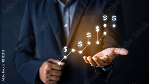 A businessman holds a glowing upward financial graph with dollar signs, representing growth and success in business or investment.