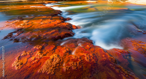 Ephemeral Cascade Flowing Over Mineral-Rich Rocks At Slow Shutter Speed