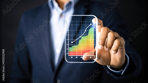 A professional holds a transparent smartphone displaying a colorful, upward-trending graph, symbolizing business growth and technology.