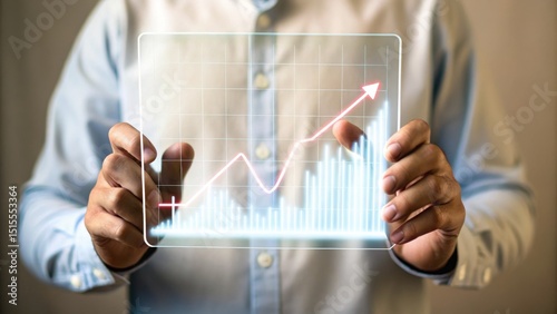 A person holds a transparent tablet displaying a digital graph with an upward trend and bar chart.
