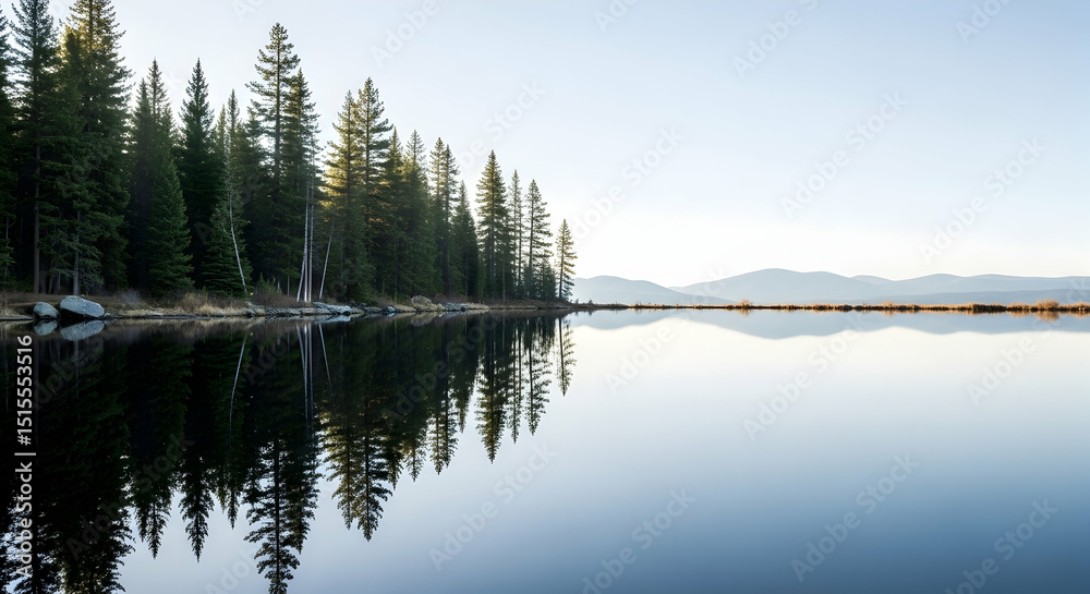 Obraz premium Tranquil Lake Reflection Capturing Evergreen Forest And Mountain Peaks At Dawn