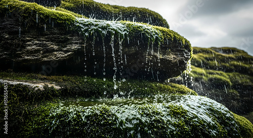 Refreshing Cascade Mossy Rocks And Trickling Water In Nature