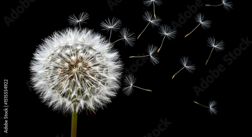 Dandelion Seed Head And Dispersing Seeds In The Black Background Minimalism Style