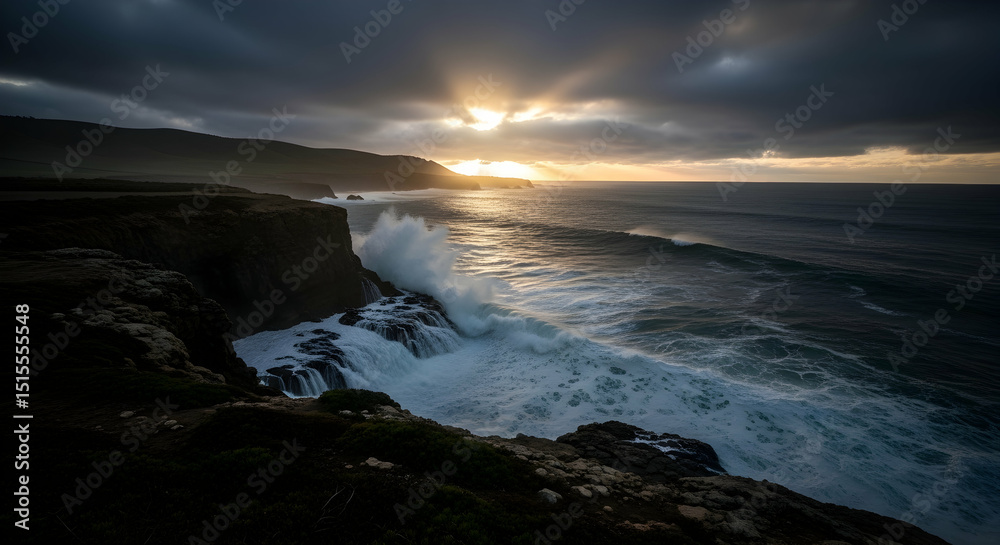 Fototapeta premium Dramatic Coastal Vista With Crashing Waves And A Glimmering Sunset