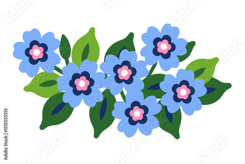 Blue Forget-Me-Not Flowers Illustration - Vector Floral Design Element - Spring Flower Bouquet with Green Leaves - Botanical Artwork for Greeting Cards and Invitations