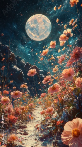 A surreal nighttime scene with a glowing full moon above a dreamy field of pink cosmos flowers under a starry sky, creating a magical, celestial atmosphere with soft lighting.