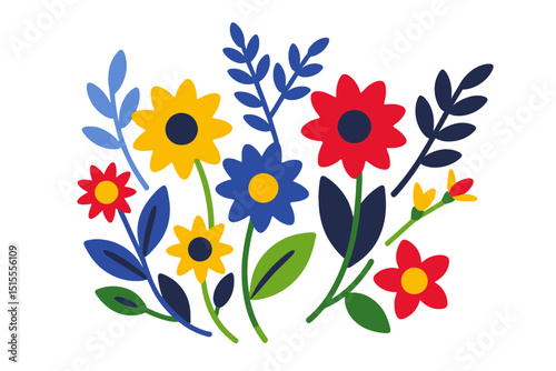 Colorful Floral Illustration with Graphic Style Flowers and Leaves - Vibrant Red, Yellow, and Blue Blooms - Perfect for Spring and Summer Designs and Creative Projects