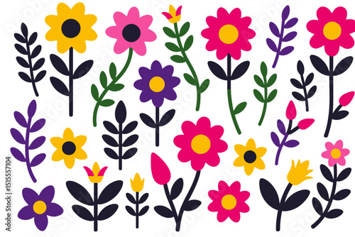 Colorful Flower Illustration with Retro Style- Whimsical Floral Design Featuring Pink, Yellow, and Purple Flowers- Perfect for Spring and Summer Projects