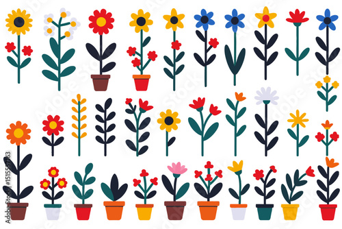 Colorful Flower Vector Graphics- Set of Flat Design Floral Illustrations- Perfect for Spring and Summer Themes- Includes Potted Plants and Individual Blooms for Creative Projects