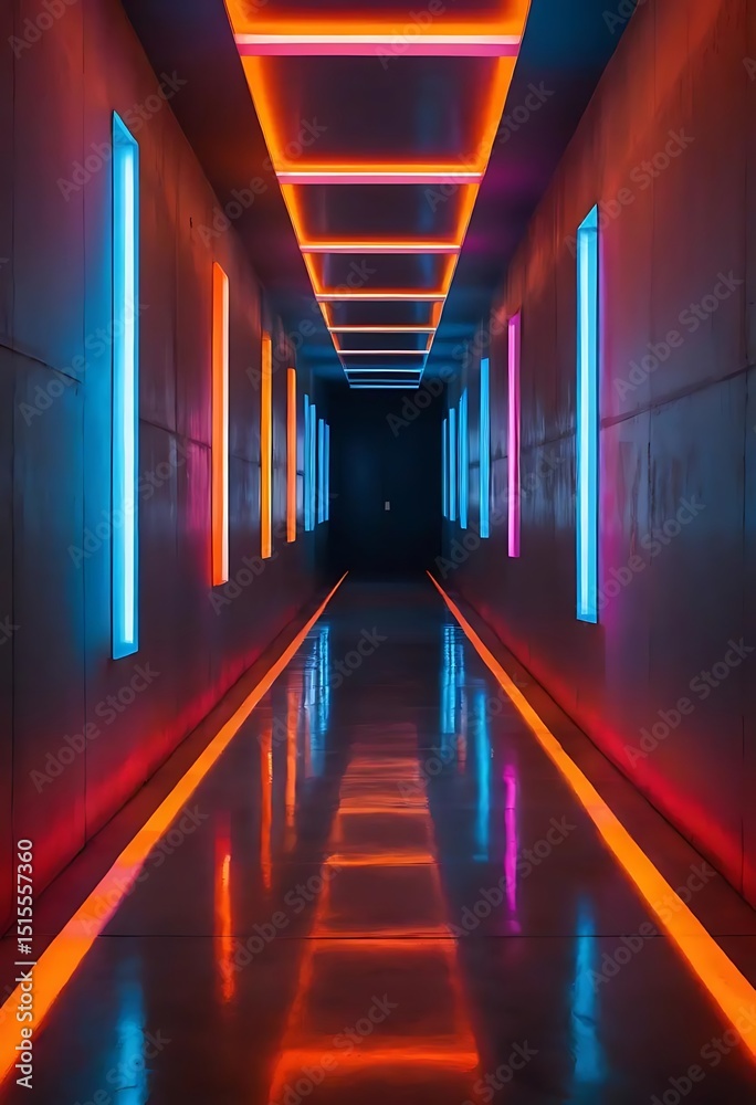 Fototapeta premium A futuristic interior corridor illuminated with vibrant neon luminescence