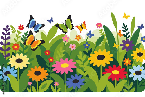 Colorful Spring Meadow Illustration with Butterflies and Flowers - Whimsical Garden Scene for Kids - Cheerful Nature Artwork with Vibrant Flora and Fauna