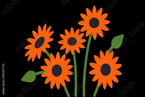 Orange Sunflower Illustration with Black Centers - Modern Floral Art - Cheerful Flower Design for Spring and Summer - Bold Graphic Flowers on White Background