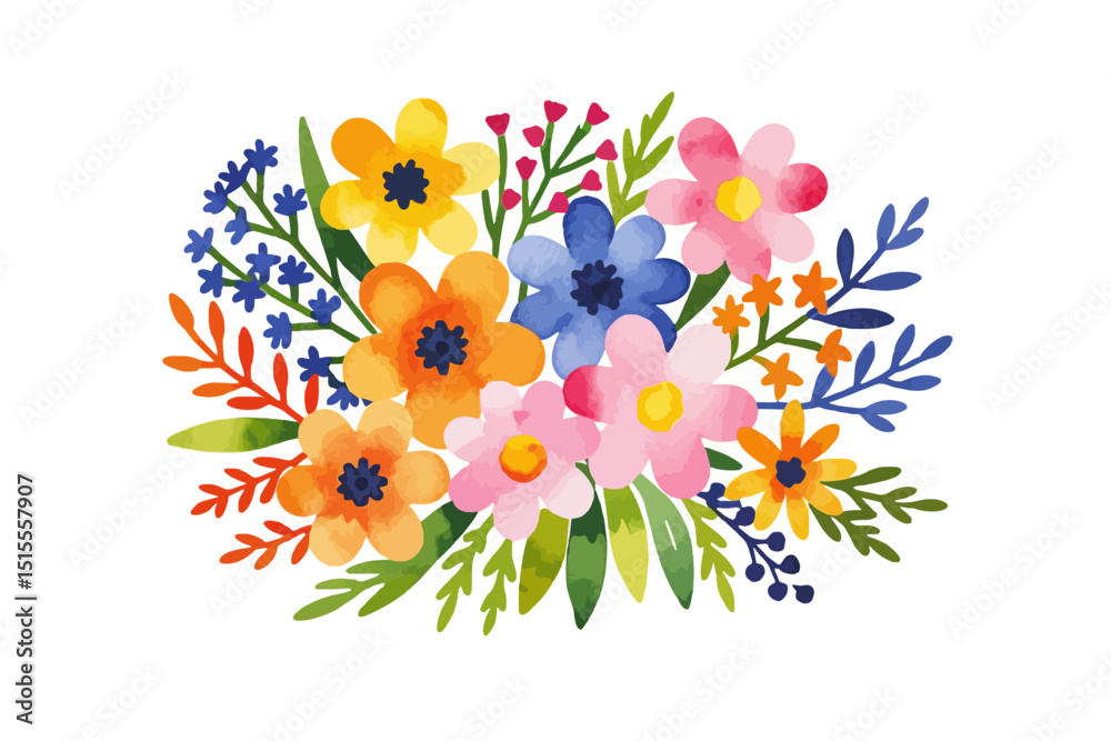 Obraz premium Watercolor Floral Bouquet Illustration - Colorful Flower Arrangement Clipart for Spring and Summer Designs - Hand Painted Botanical Art Image