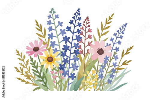 Watercolor Flower Clipart - Floral Illustration with Pink Daisies and Blue Larkspur - Delicate Botanical Design for Spring Projects and Wedding Invitations