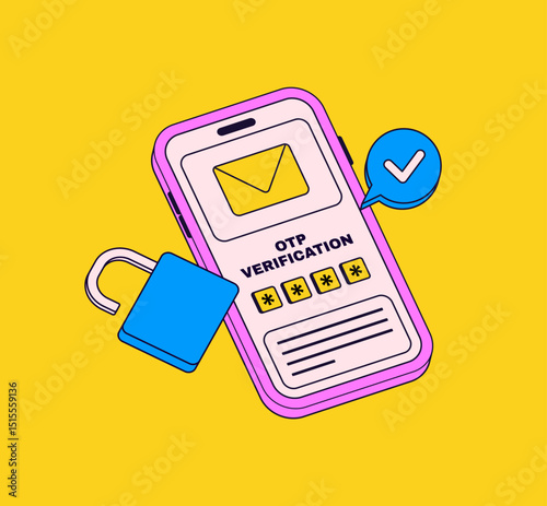 Smart phone screen showing OTP verification with a padlock and check mark icon in cartoon hand drawn vector illustration for digital security, authentication, and login process