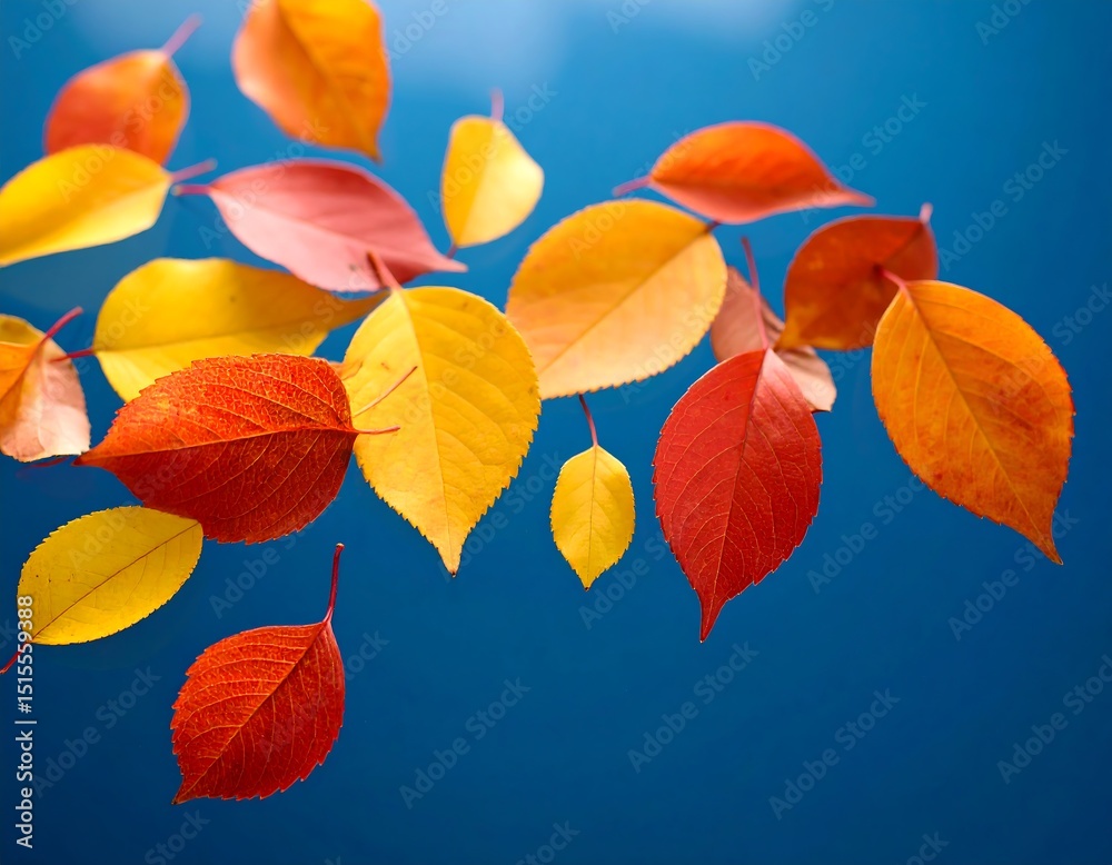Fototapeta premium Vibrant autumn leaves against a vibrant blue background