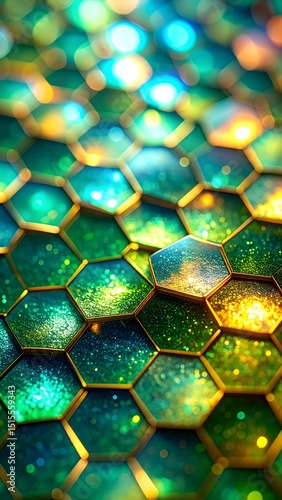Hypothetical nanotechnology fabric: hexagonal scales with self-cleaning properties. Micro-detailed close-up, iridescent sheen (green-gold), industrial application backdrop