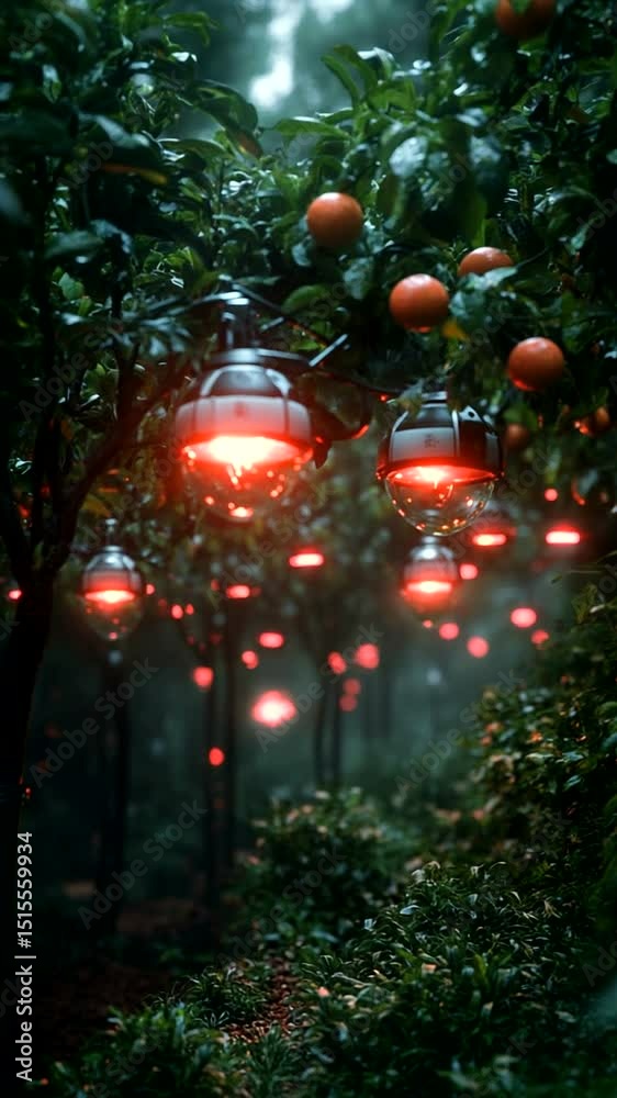 Futuristic orchard with glowing drones among oranges