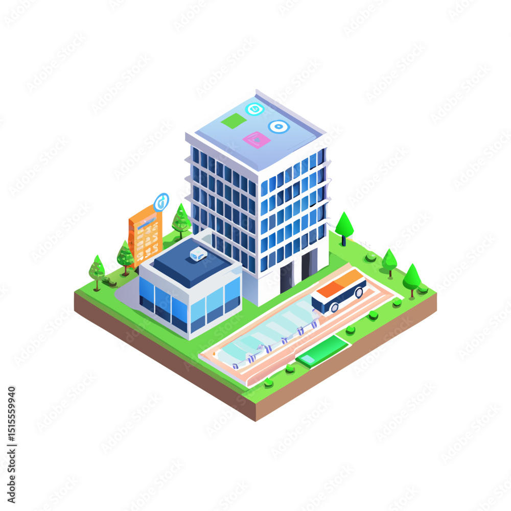 Isometric City Block with Buildings and Vehicles Isometric City Block with Buildings and Vehicles