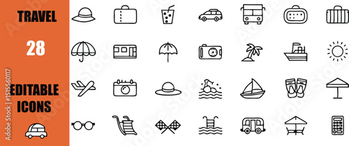 Travel icons set vacation planning summer holiday trip adventure tourism and journey vector illustration