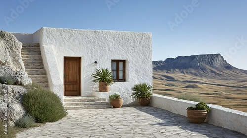 White stucco building with a view of a mountain range.