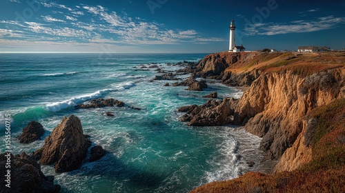 Scenic coastal landscape featuring a lighthouse against a dramatic sky