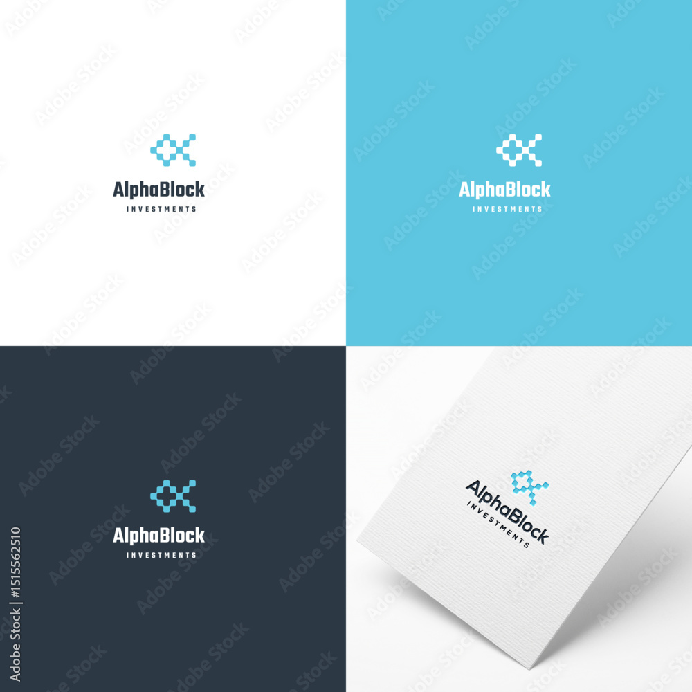 AlphaBlock Investments logo showcased in 4 variations white light blue dark blue backgrounds  a card mockup