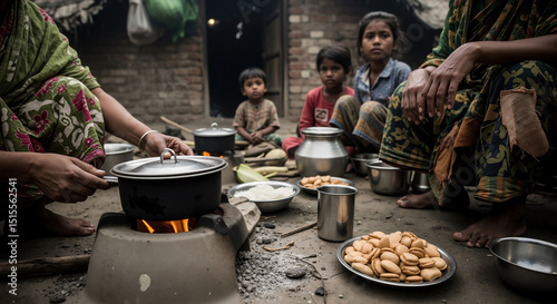 Impoverished Bangladesh family sitting outside home preparing to cook a meal for dinner, poverty stricken and meager food resources. 