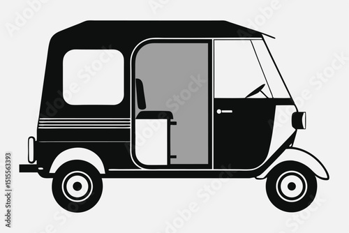 Black and white vector illustration of an auto rickshaw perfect for transportation concepts.