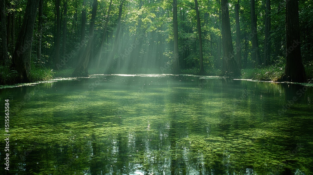 Obraz premium Tranquil forest swamp landscape with sunlight beams shining through tall trees reflecting on water surface