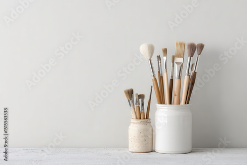 creative workspace featuring artist tools arranged to left on clean ultrabright background