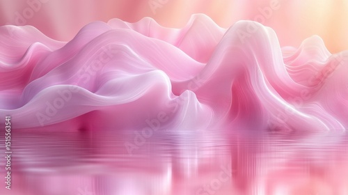 Pastel pink satin waves creating a soft and dreamy landscape with shimmering water reflection abstract art