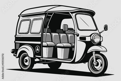 Detailed monochrome illustration of a classic tuk tuk taxi vehicle on a light gray background.