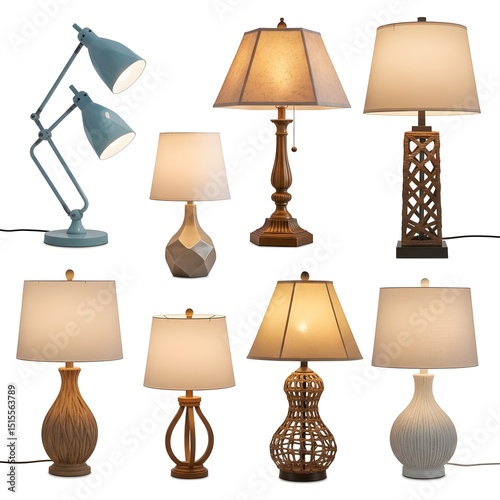 Modern Desk Lamps Collection Featuring Various Styles and Colors for Home Office. Contemporary desk lamp collection showcasing adjustable task lighting in multiple colors.