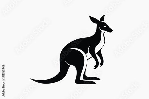 Elegant black and white silhouette illustration depicting a powerful standing kangaroo on a plain background
