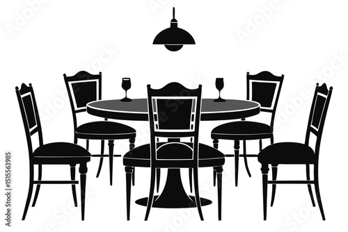 Elegant dining room scene vector illustration depicting table chairs and wine glasses silhouette