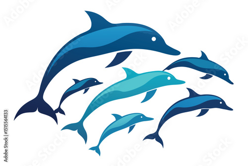 Group of playful blue dolphins swimming together in a vector style design against white background