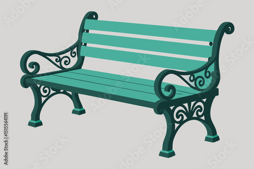 Illustration of a classic teal green park bench with ornamental swirl details isolated