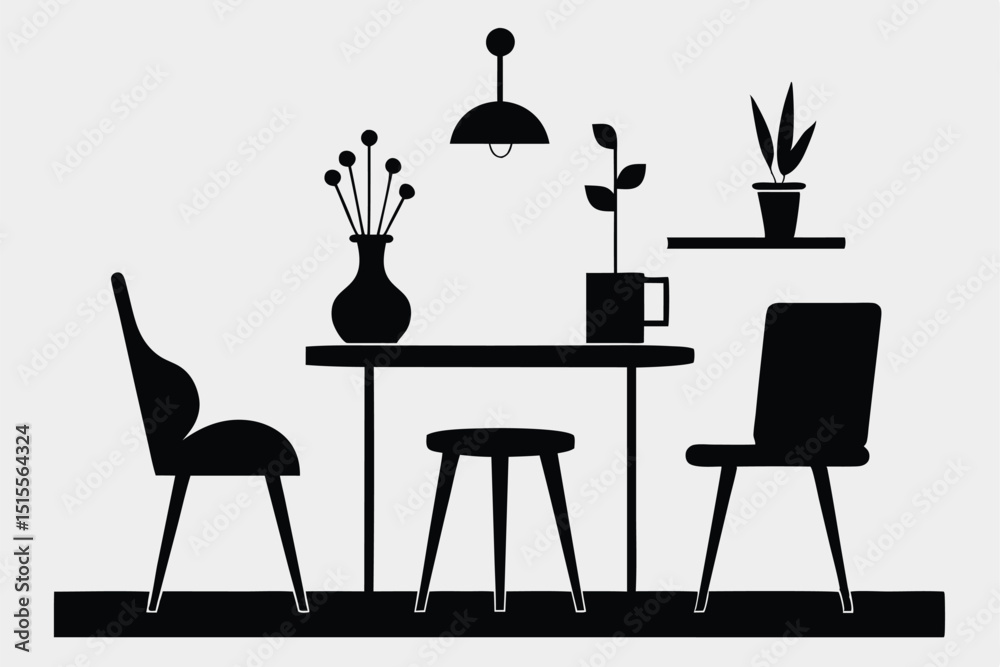 Minimalist illustration of dining area with furniture table chairs plant decorations and light Minimalist illustration of dining area with furniture table chairs plant decorations and light