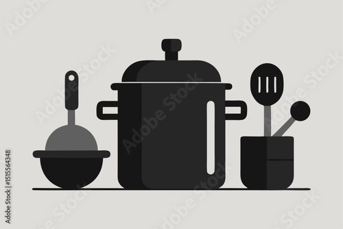 Minimalist kitchen equipment illustration including pot bowl and cooking utensils in a grayscale design