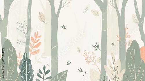 Forest scene with pastel-colored trees and foliage