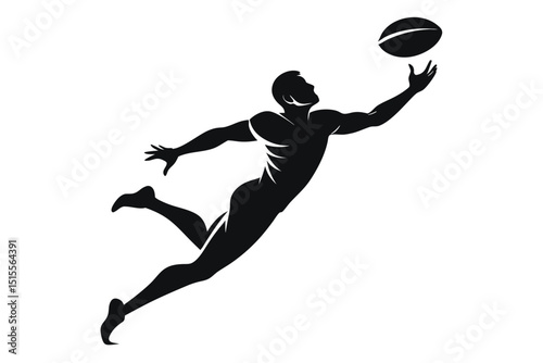 Rugby player reaching upward to catch football silhouette isolated on white background