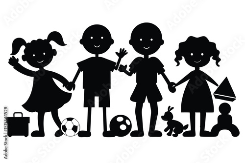 Silhouette illustration of happy children holding hands and enjoying recreational activities together
