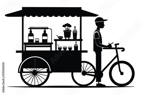 Silhouette illustration of street food vendor with cart and bicycle in black and white