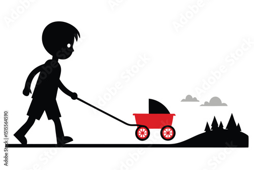 Silhouette of a boy walking and pulling a red wagon in a simple landscape