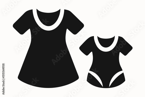 Simple black and white illustration of a dress and a bodysuit for mother and baby