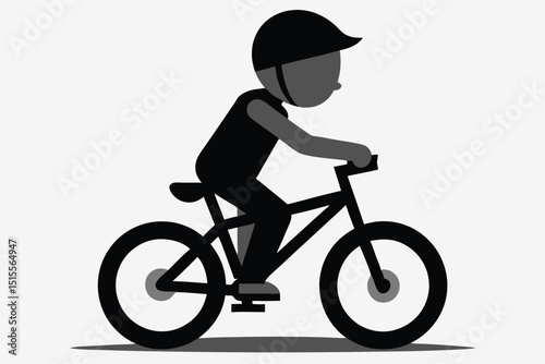 Simple black and white illustration of a person riding a bicycle wearing a helmet